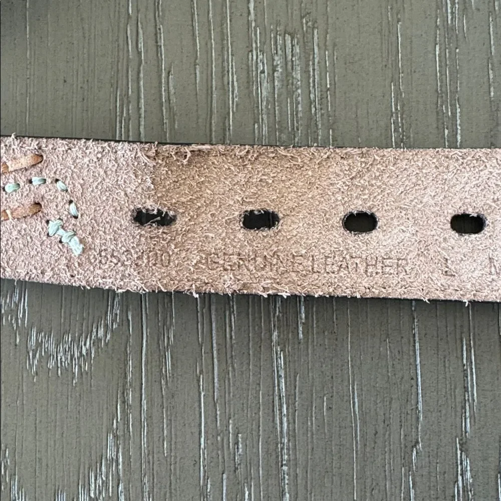 Western Tan Leather Belt with Silver-Tone Buckle Embroidered Women’s Size L EUC